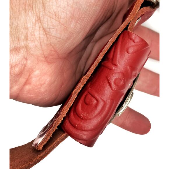 Vintage French Red Tooled Leather Belt w/ Sculptural Silver Buckle & Keeper 80s - Picture 9 of 14